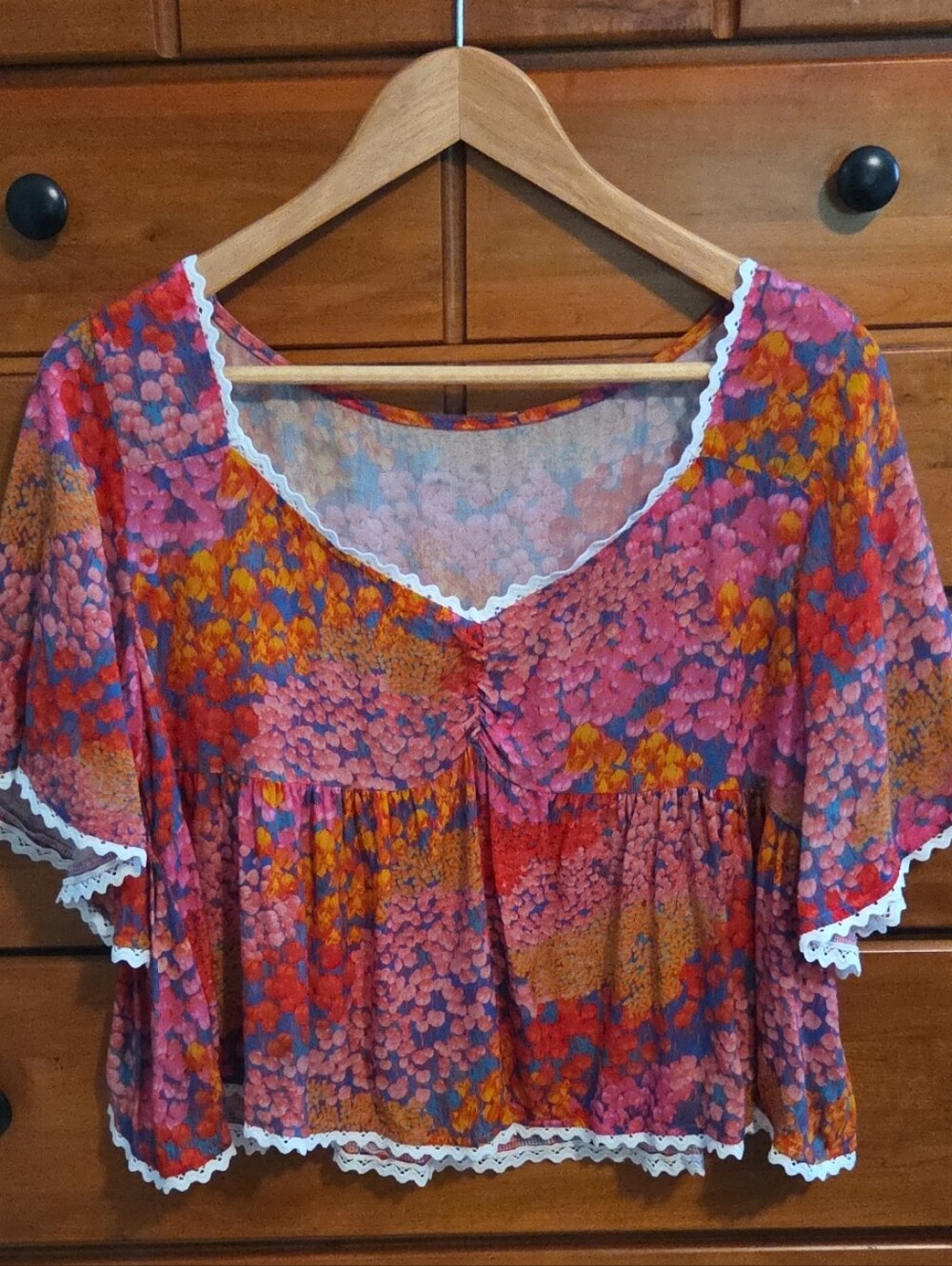 Floral Flutter Sleeve Peasant Blouse in Pink Multi